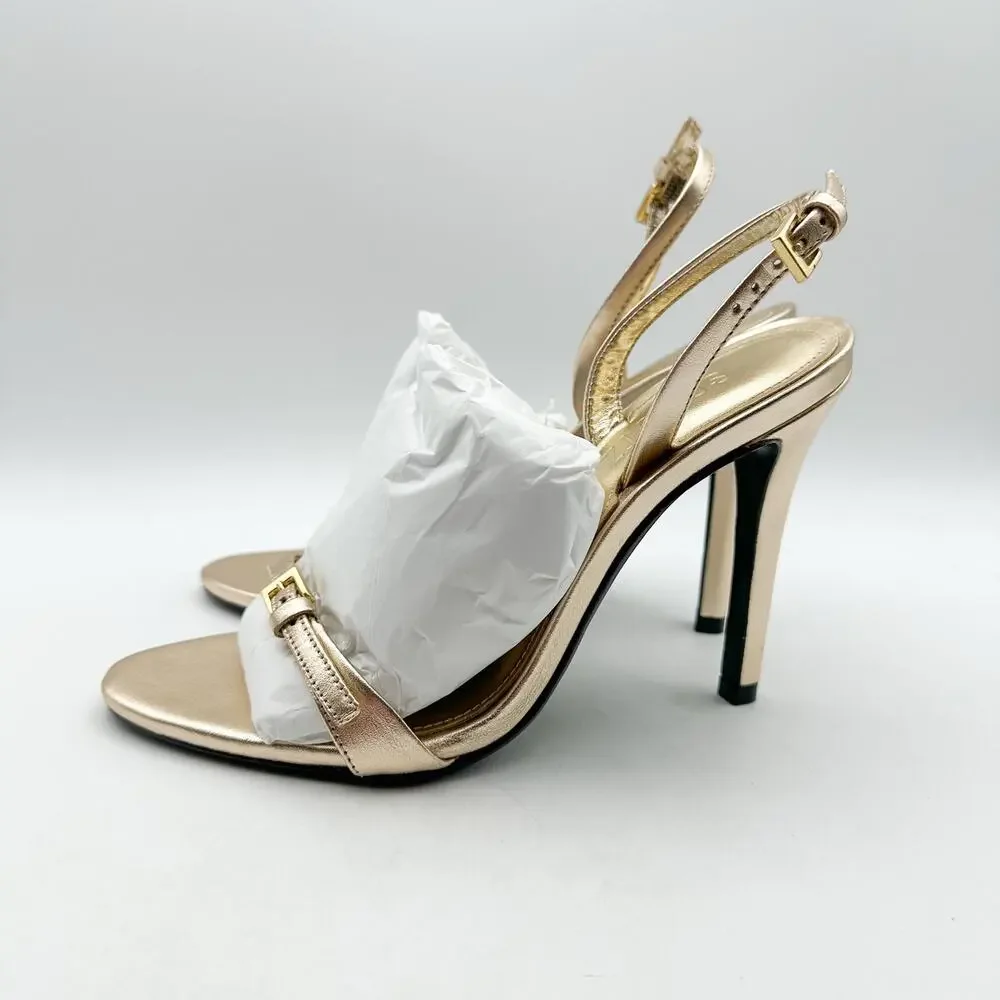 SCHUTZ Womens Aurora Sling Heeled Sandals Size 7.5 Platina Gold Stiletto NWOB